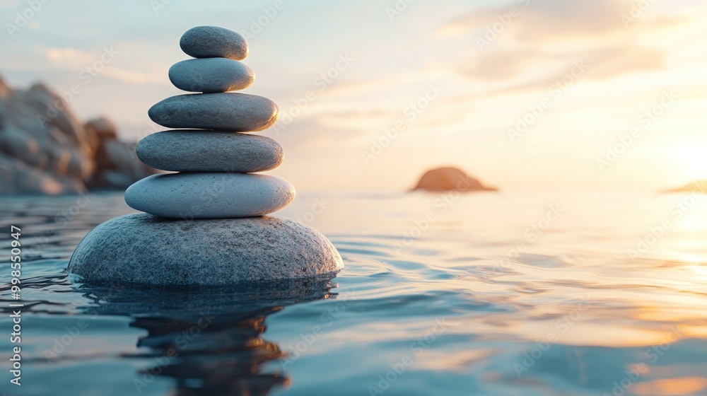 A zen stone stack in calm ocean water with a soft sunset backdrop. A zen stone stack in calm ocean water with a soft sunset backdrop.