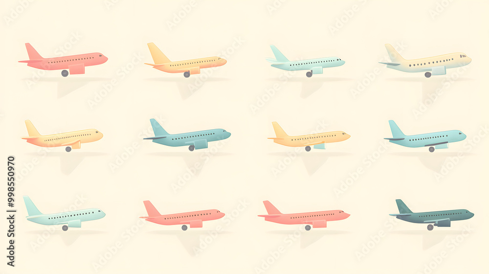 Minimal pastel airplane set of icons with rounded edges and soft tones isolated on a plain background Minimal pastel airplane set of icons with rounded edges and soft tones isolated on a plain background
