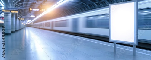Mock up poster on modern train subway station with train on background