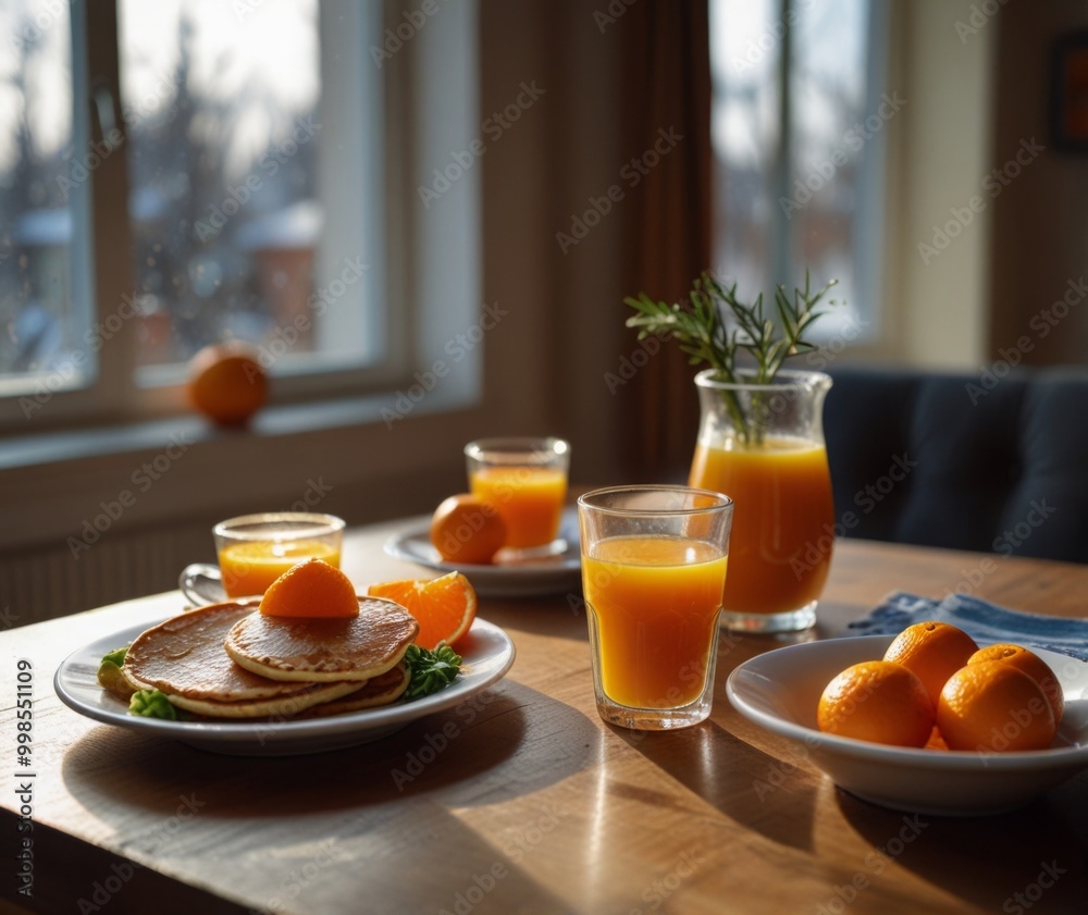 winter breakfast with pancakes and orange winter breakfast with pancakes and orange