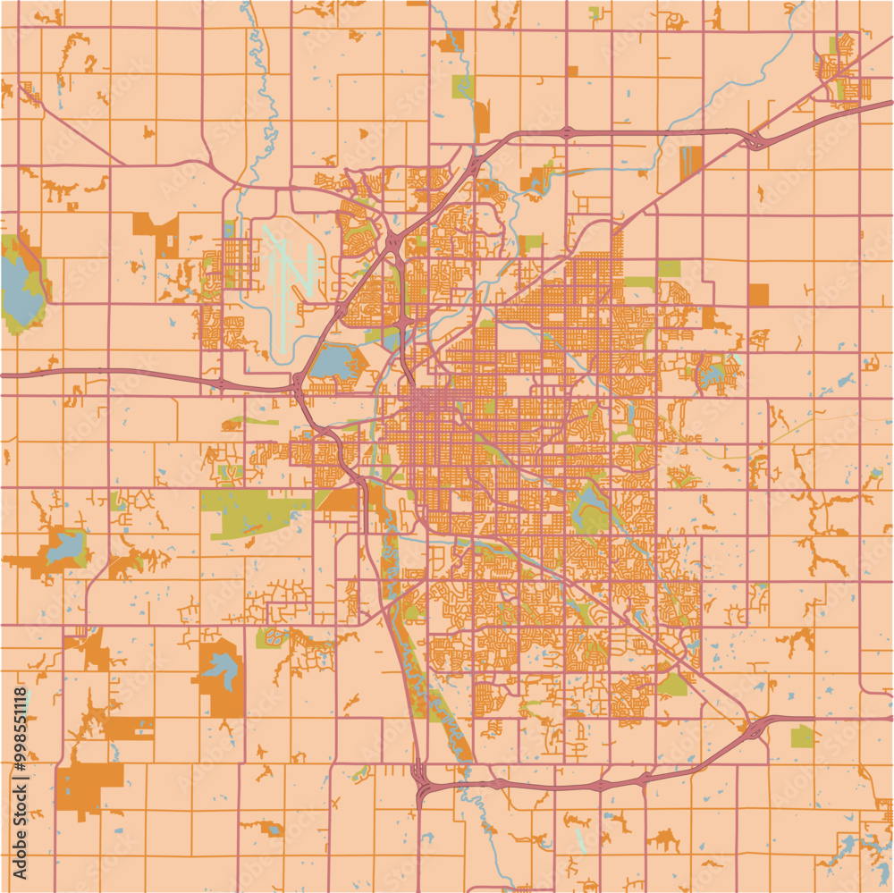 Fototapeta premium Map of Lincoln in Nebraska in a sandy theme. Contains layered vector with roads water, parks, etc.