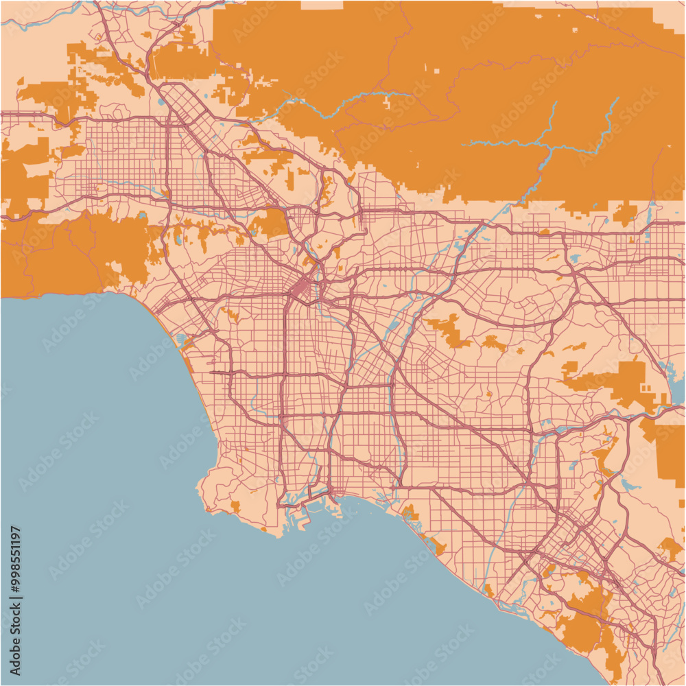 Fototapeta premium Map of Los Angeles in California in a sandy theme. Contains layered vector with roads water, parks, etc.