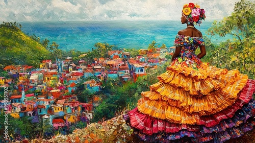 A woman in a traditional Haitian karabela dress, standing on a hilltop overlooking a vibrant Caribbean village during Carnival.