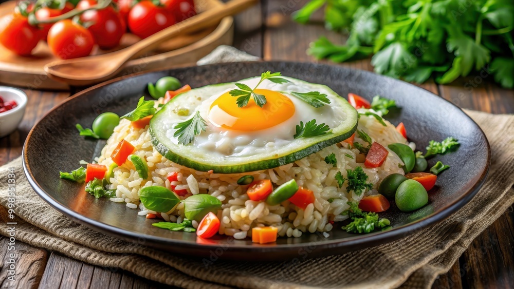 Plate of egg fried rice with fresh vegetables, herbs, and fried egg on top in a beautiful setting, egg fried rice, plate Plate of egg fried rice with fresh vegetables, herbs, and fried egg on top in a beautiful setting, egg fried rice, plate