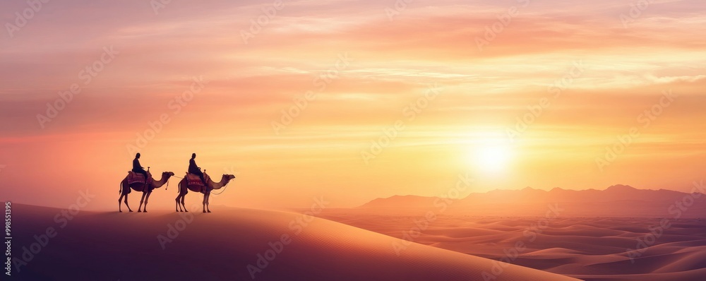 cameleers with camel on sand dunes of desert with bright sun on sky background cameleers with camel on sand dunes of desert with bright sun on sky background