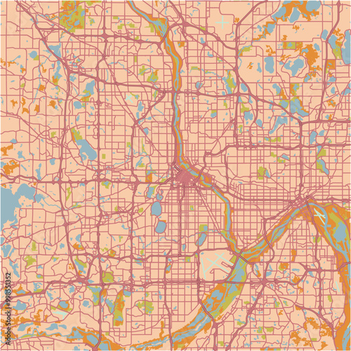 Map of Minneapolis in Minnesota in a sandy theme. Contains layered vector with roads water, parks, etc.