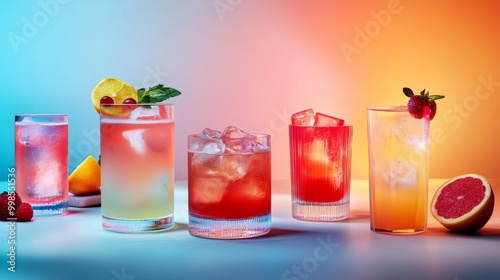 With lemons, raspberries, and limes adorning each tall glass, a row of tall glasses holds various beverages