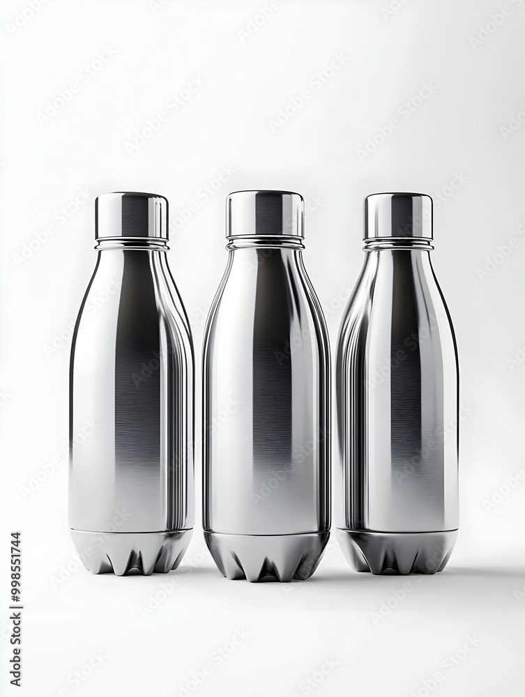 Gleaming Premium Stainless Steel Water Bottles with Polished Mirrored Finish on Crisp White Background Gleaming Premium Stainless Steel Water Bottles with Polished Mirrored Finish on Crisp White Background
