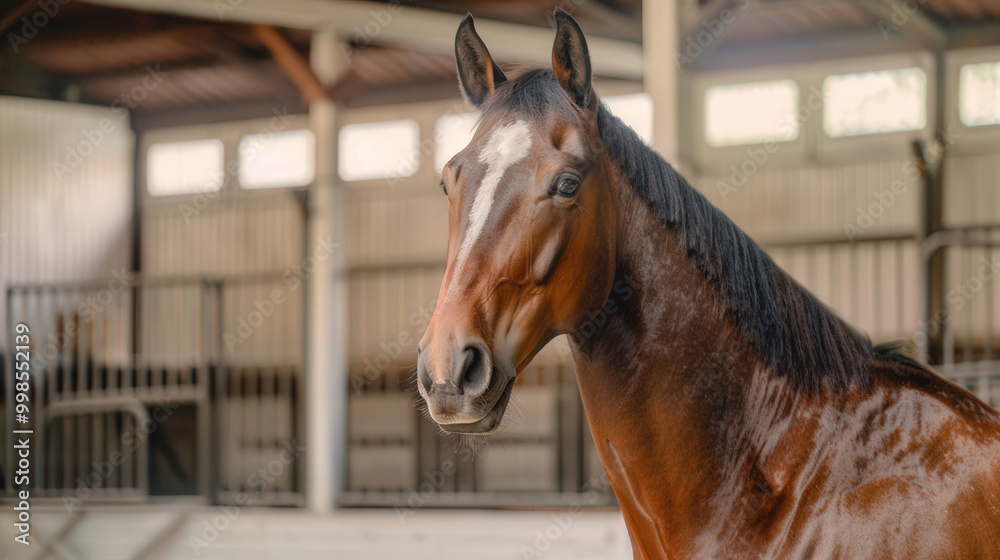 Fototapeta premium Faceless farmer tending to a horse in a spacious stable, emphasizing the bond of animal care, serene atmosphere, inviting environment for equine companionship