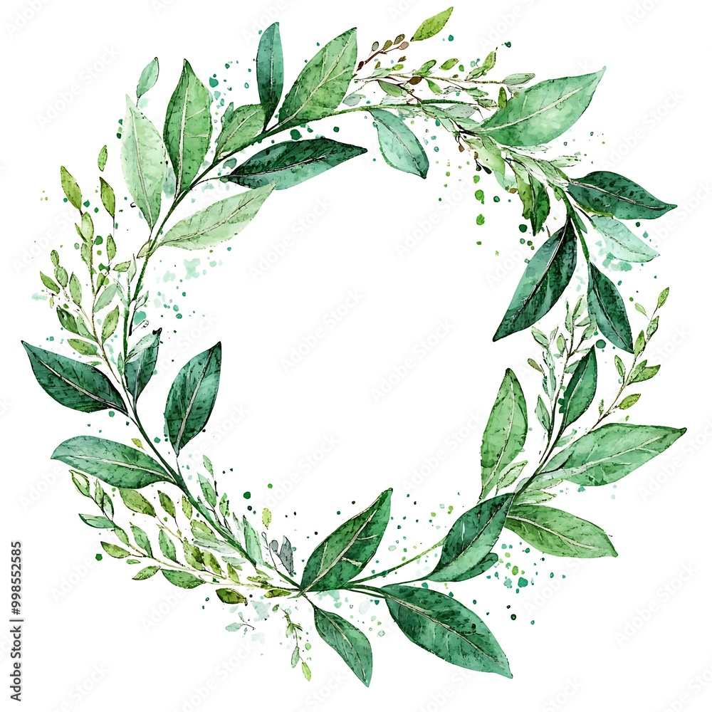 Laureate wreath in trendy watercolour style with green splashing. Laurel wreath branches for wedding card. Template wedding invitation Laureate wreath in trendy watercolour style with green splashing. Laurel wreath branches for wedding card. Template wedding invitation