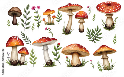 Hand-drawn watercolor illustrations of wild mushrooms and plants, on white background