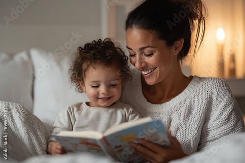 Mother and child sitting in bed, wrapped in cozy blankets, reading a bedtime story together, creating a warm and nurturing moment before sleep.