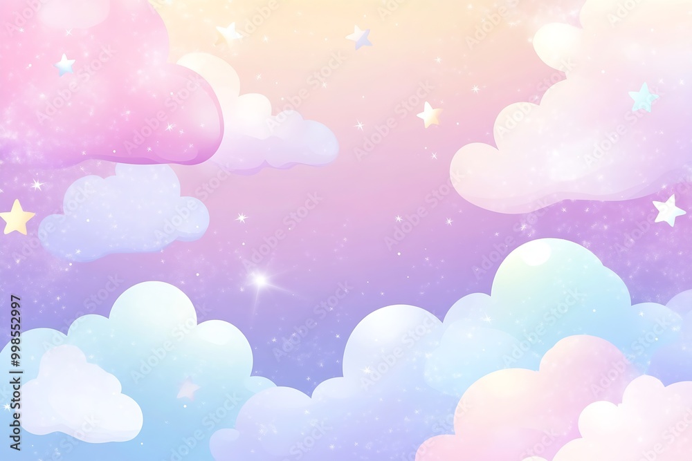 a dreamy, pastel-colored sky with fluffy clouds. The background transitions from pink at the top to purple and then to a light blue at the bottom. The clouds are soft and rounded, in shades of white, a dreamy, pastel-colored sky with fluffy clouds. The background transitions from pink at the top to purple and then to a light blue at the bottom. The clouds are soft and rounded, in shades of white,