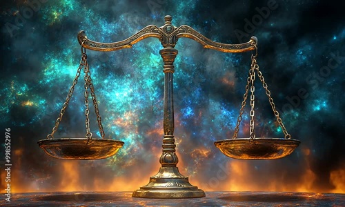 A golden scale against a cosmic background symbolizes justice.