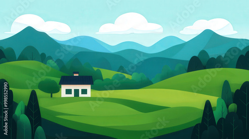 Lush countryside scene, vibrant green pastures, simplistic flat design, serene landscape, inviting rural charm, tranquil environment, harmonious nature elements, peaceful countryside vibe.