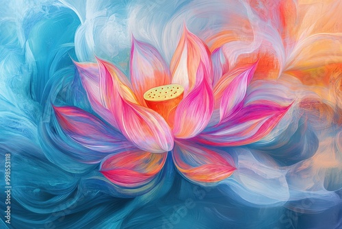An abstract lotus flower illustration with vibrant, swirling colors representing its petals, creating a dynamic and artistic interpretation of this spiritual symbol