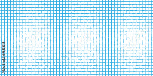 Childish copybook handdrawn pattern with blue grid on white. Seamless checkered grunge bg. Wavy freehand lines. Vector illustration.