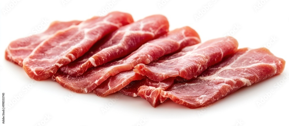 A close-up of thin slices of fresh, raw pork belly meat on a white background. A close-up of thin slices of fresh, raw pork belly meat on a white background.