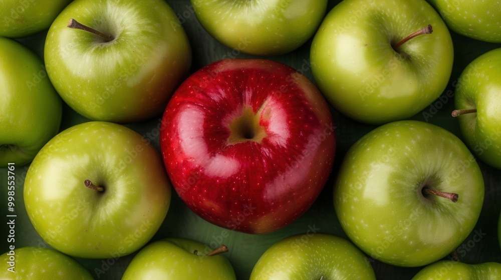 Vibrant Contrast of Red and Green Apples, a captivating arrangement featuring a single red apple amidst lush green apples, creating a seamless pattern with striking color harmony. Vibrant Contrast of Red and Green Apples, a captivating arrangement featuring a single red apple amidst lush green apples, creating a seamless pattern with striking color harmony.