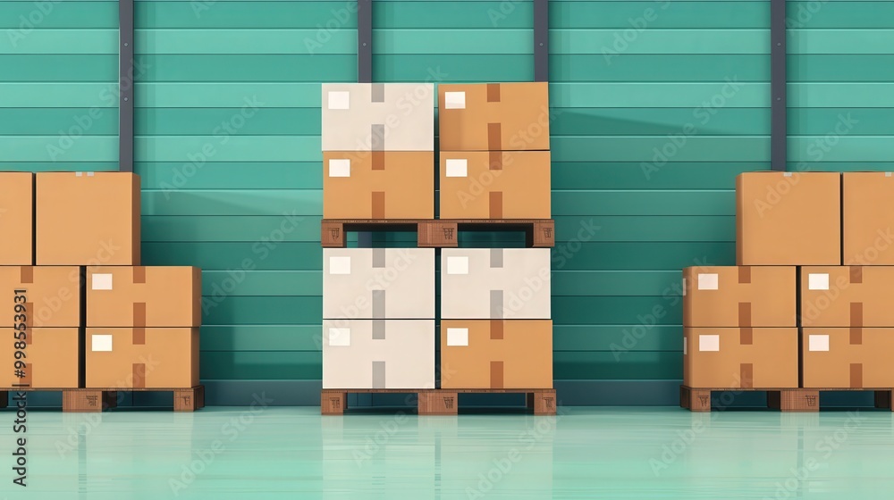 E-commerce Storage Hub, a vibrant flat design illustration showcasing neatly stacked boxes in a modern storage facility, emphasizing organization and efficiency in online retail. E-commerce Storage Hub, a vibrant flat design illustration showcasing neatly stacked boxes in a modern storage facility, emphasizing organization and efficiency in online retail.