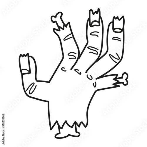 Black and white illustration of a zombie hand with broken nails and fingers, Halloween, coloring page