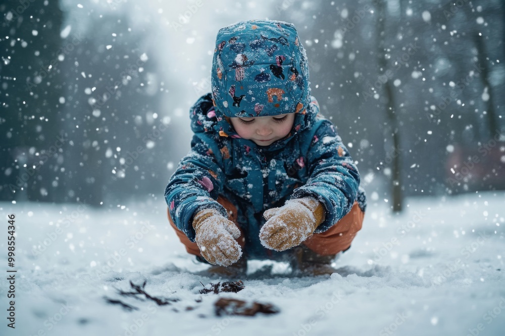 A child dressed in colorful winter attire is seen crouching on snow-covered ground, engaging in playful activities amidst the falling snowflakes in a serene park. A child dressed in colorful winter attire is seen crouching on snow-covered ground, engaging in playful activities amidst the falling snowflakes in a serene park.