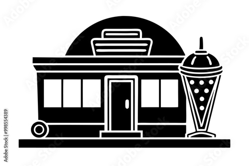 A vector illustration of a diner with diner-themed graphics, such as a diner sign or a milkshake. Diner-themed t-shirt design vector graphics, detailed design, contour, black
