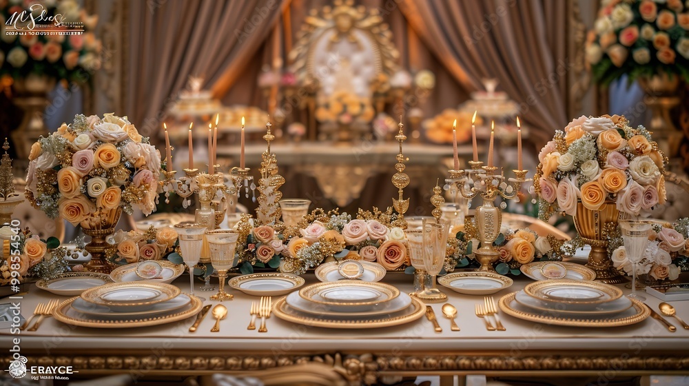 Fototapeta premium an elegantly set dining table, likely for a formal event or wedding. The table is adorned with luxurious decorations, including large floral arrangements featuring roses in shades of cream