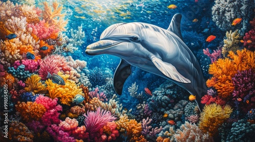 A vibrant underwater portrait of a dolphin surrounded by colorful coral and fish, emphasizing the beauty of marine ecosystems and the importance of protecting ocean life.