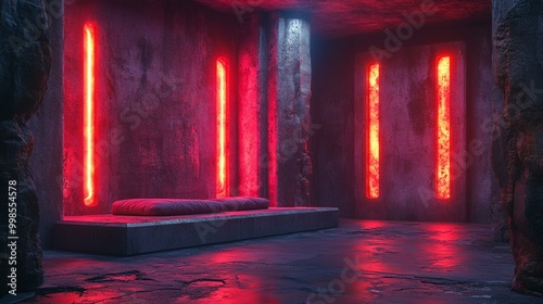 the Futuristic stage show with neon glowing lasers, sci-fi ambiance, and a dark grunge concrete room setting.