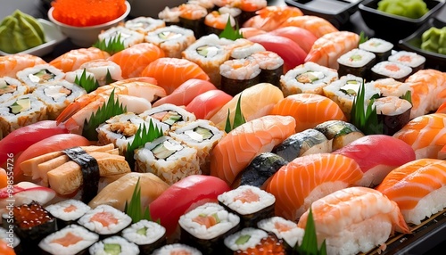 Exquisite display of assorted sushi showcasing colorful nigiri, maki rolls, and fresh sashimi on a large platter