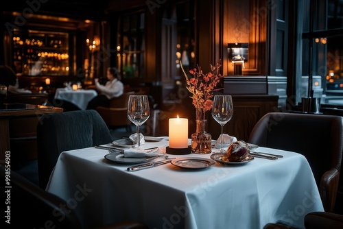 A sophisticated restaurant table is set for a fine dining experience with a lit candle, wine glasses, elegant tableware, and a small vase of flowers, in a dimly lit, cozy ambience.