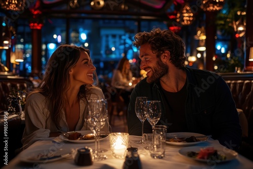 A couple is sharing a dinner date in an elegant restaurant, characterized by atmospheric lighting and a sophisticated setting, capturing the essence of an intimate evening. photo