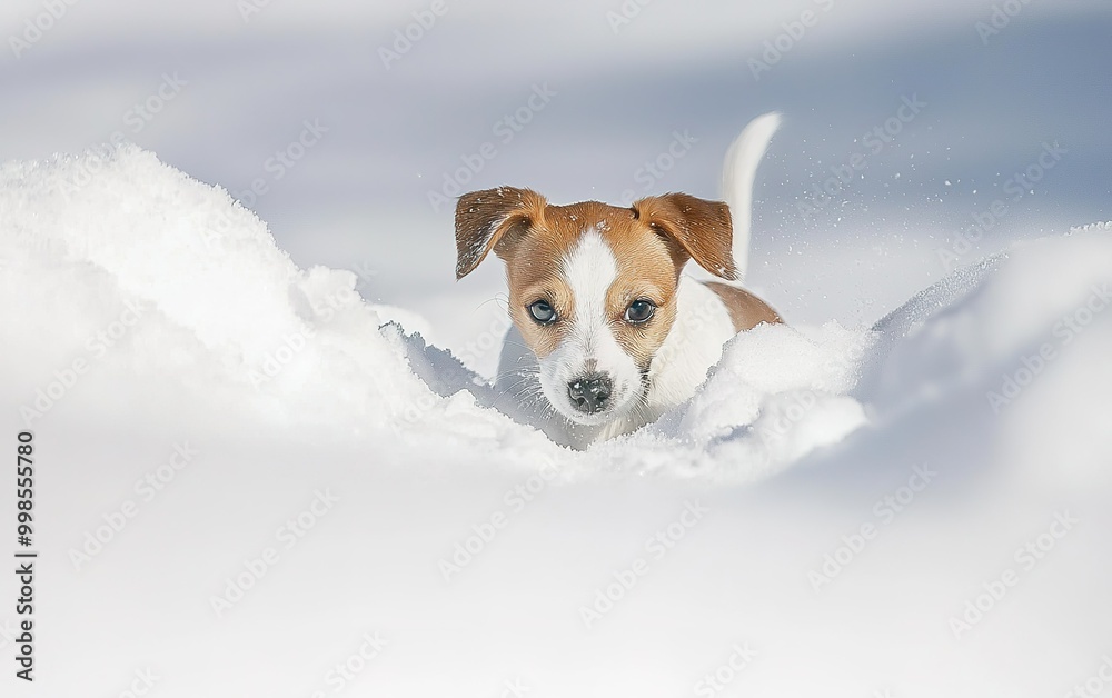 A playful puppy exploring the snowy landscape during winter, enjoying the fresh snowfall in a joyful adventure A playful puppy exploring the snowy landscape during winter, enjoying the fresh snowfall in a joyful adventure