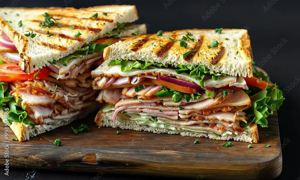 Delicious Grilled Sandwich on a Wooden Board Delicious Grilled Sandwich on a Wooden Board
