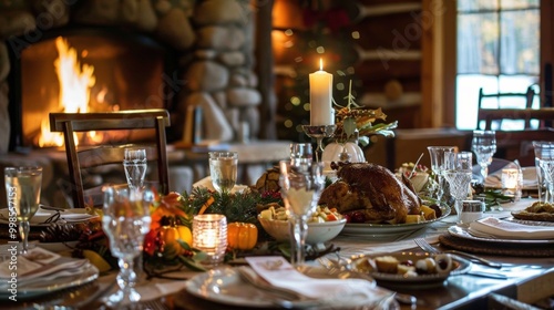 Elegant Thanksgiving Dinner in Canadian Ski Lodge with Festive Decor and Roaring Fireplace