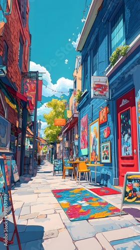 Colorful street in the city of Aix-en-Provence, with paintings on buildings and art gallery doors