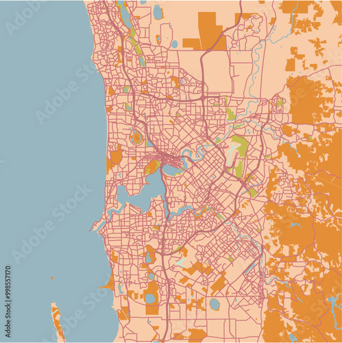 Map of Perth in Australia in a sandy theme. Contains layered vector with roads water, parks, etc.