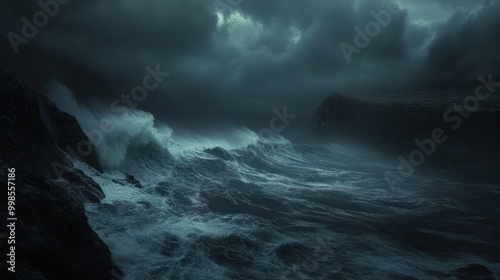 Dramatic Stormy Ocean Waves Crashing Against Rocky Coastline