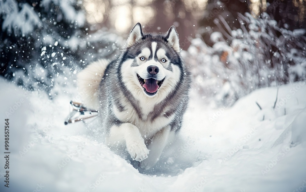A playful husky running through fresh snow in a winter forest during a sunny day A playful husky running through fresh snow in a winter forest during a sunny day
