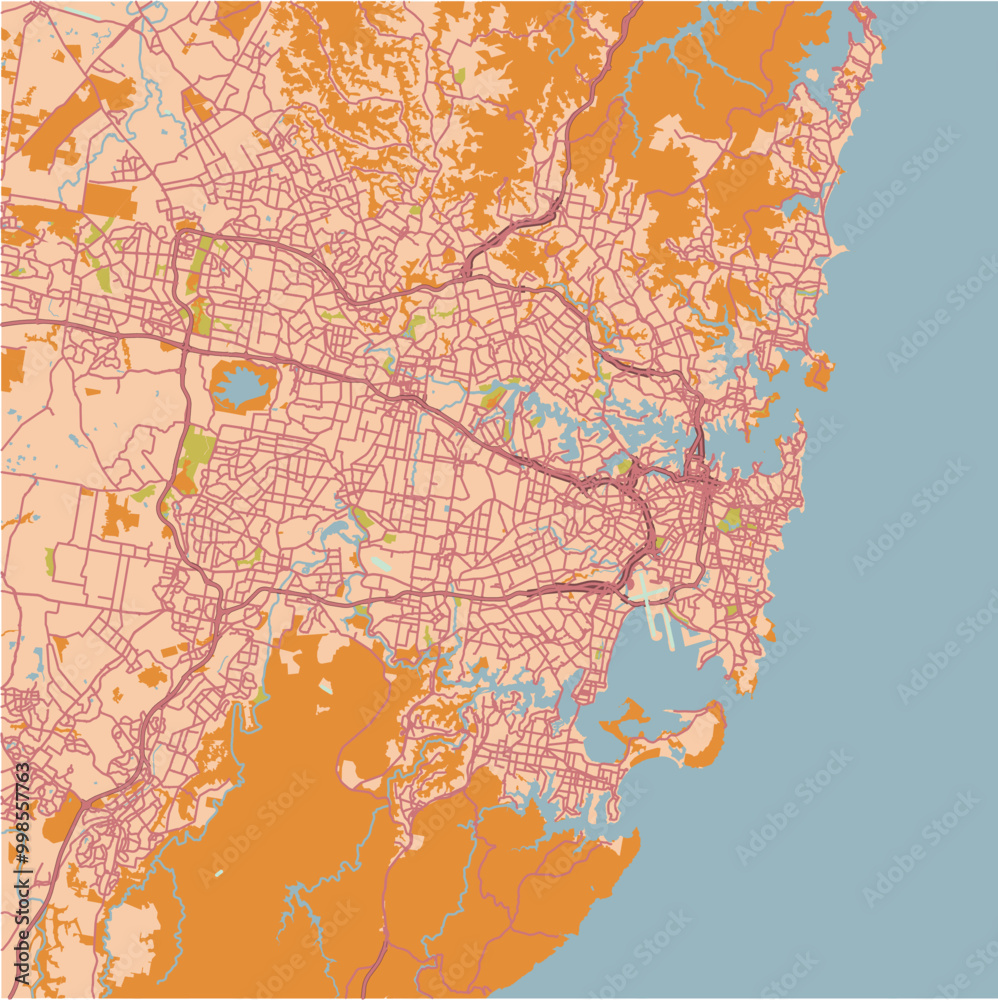 Fototapeta premium Map of Sydney in Australia in a sandy theme. Contains layered vector with roads water, parks, etc.