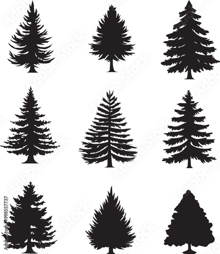 Black silhouettes of a pine tree, Evergreen trees, black and white cliparts