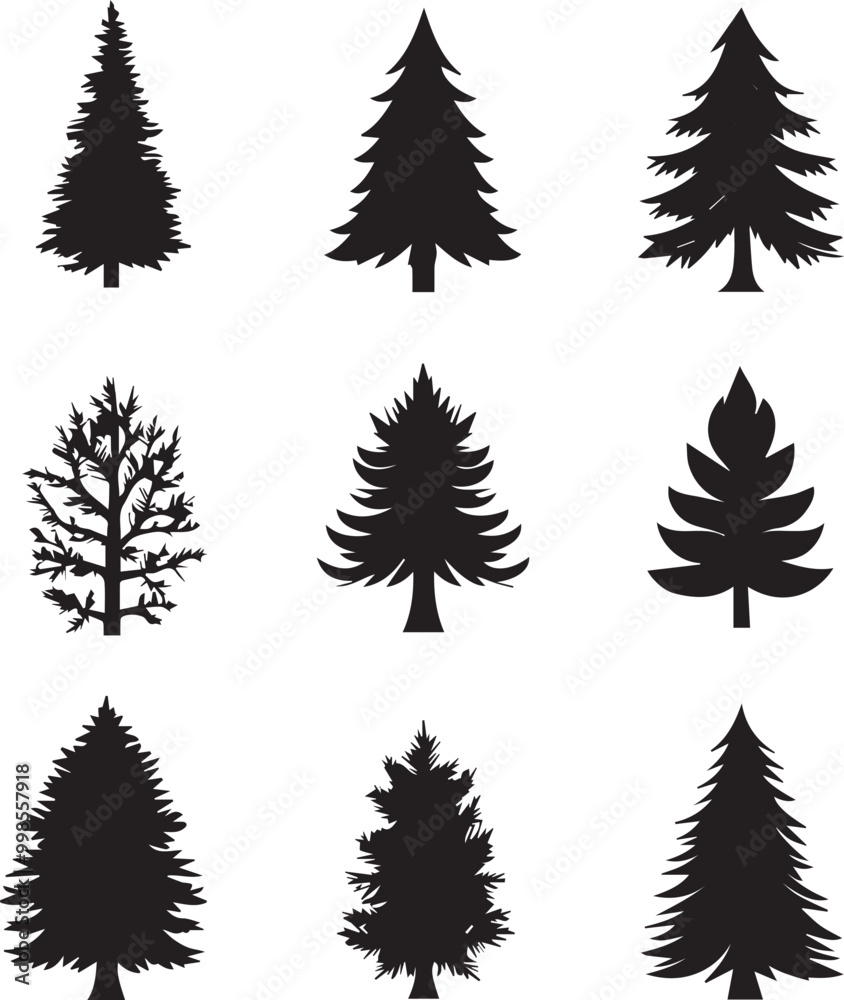 Fototapeta premium Black silhouettes of a pine tree, Evergreen trees, black and white cliparts
