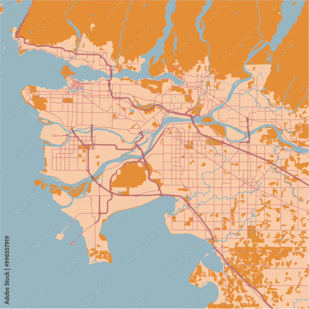 Fototapeta premium Map of Vancouver in Canada in a sandy theme. Contains layered vector with roads water, parks, etc.