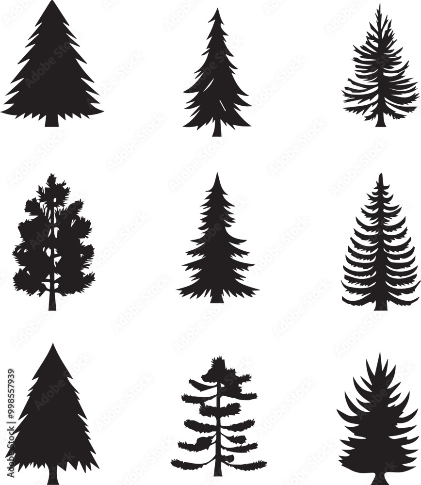 Obraz premium Black silhouettes of a pine tree, Evergreen trees, black and white cliparts