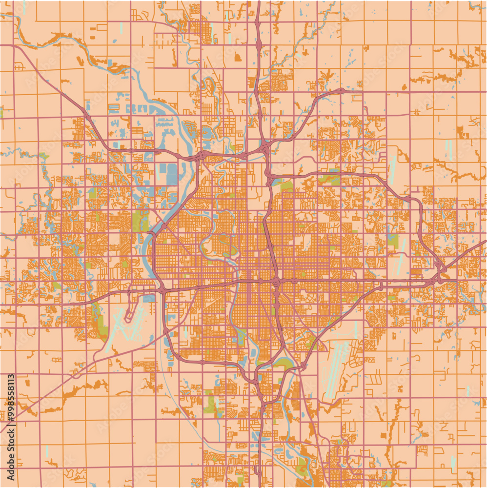 Map of Wichita in Kansas in a sandy theme. Contains layered vector with roads water, parks, etc. Map of Wichita in Kansas in a sandy theme. Contains layered vector with roads water, parks, etc.