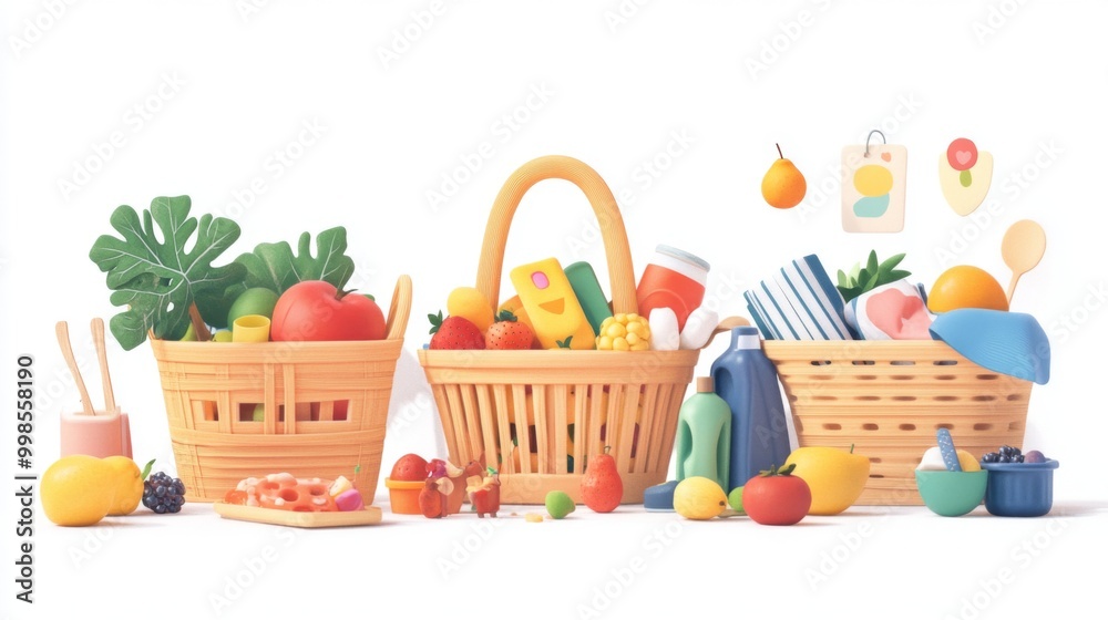 A whimsical illustration of cartoon-style baskets filled with various items, such as toys, fruits, and laundry, perfect for children educational materials about organization. A whimsical illustration of cartoon-style baskets filled with various items, such as toys, fruits, and laundry, perfect for children educational materials about organization.