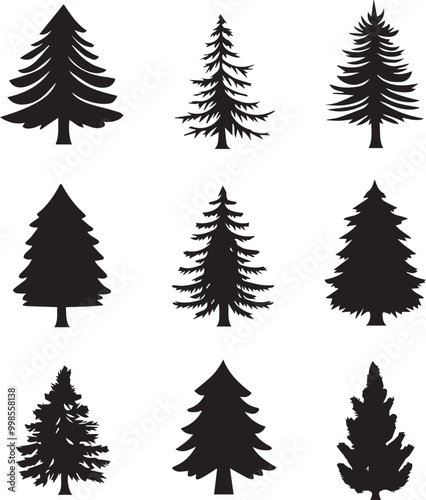 Black silhouettes of a pine tree, Evergreen trees, black and white cliparts
