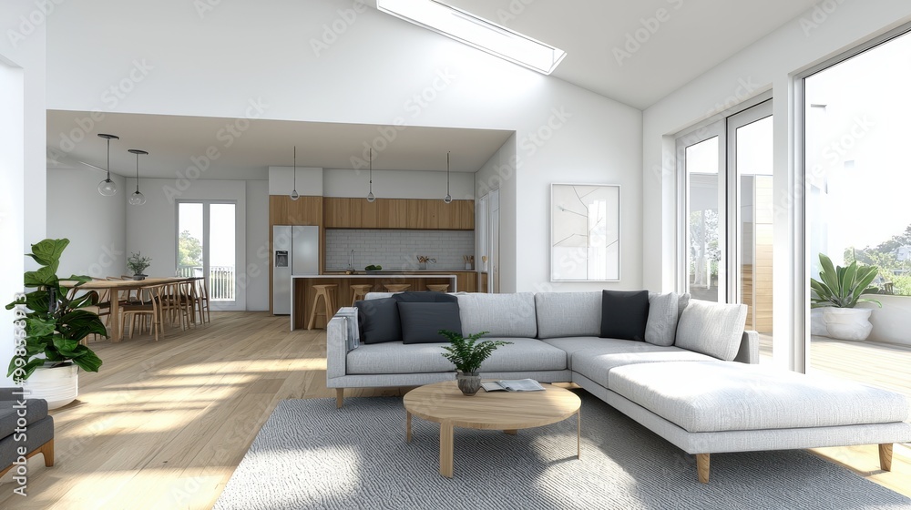 Fototapeta premium Modern, bright living room design with open layout and natural light.