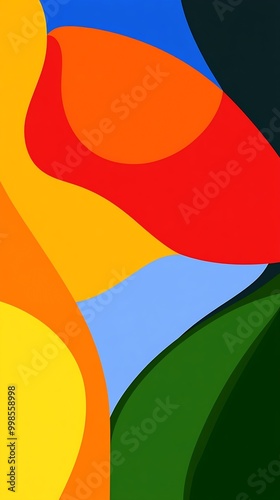 an abstract composition featuring bold, overlapping shapes in various colors. The colors include bright yellow, orange, red, light blue, dark blue, and different shades of green.